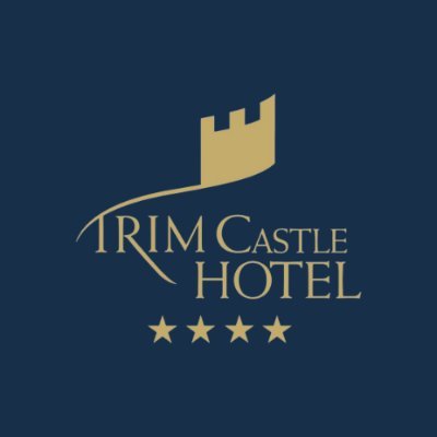 Trim Castle Hotel logo – gold castle turret icon above “TRIM CASTLE HOTEL” text with four stars, on dark background, symbolizing heritage and luxury.